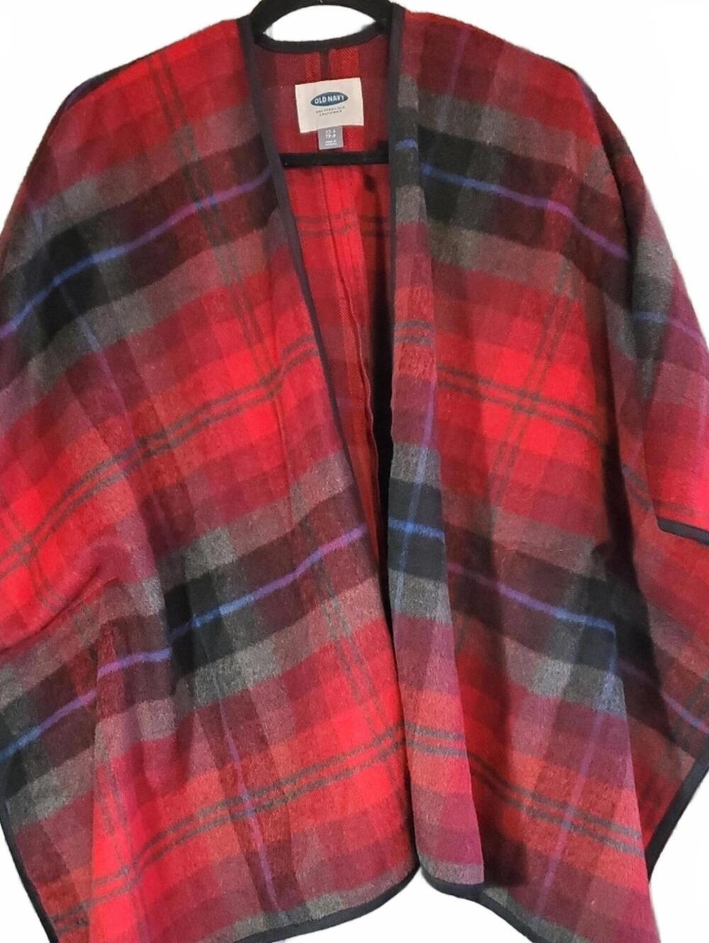 NWOT Old Navy Red Plaid Poncho Shawl XS/S Soft Fleece